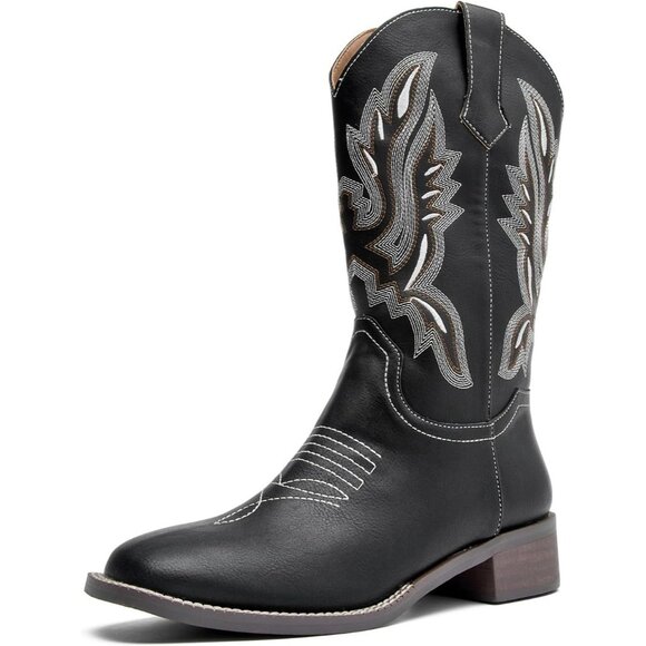 kkdom Women Black Cowboy Square Toe Western Cowgirl Mid Calf Boot - Picture 1 of 8